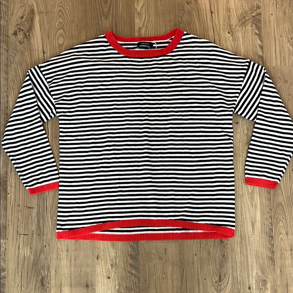 Striped Black and White Sweater with Red Accents Drop Shoulder Lightweight